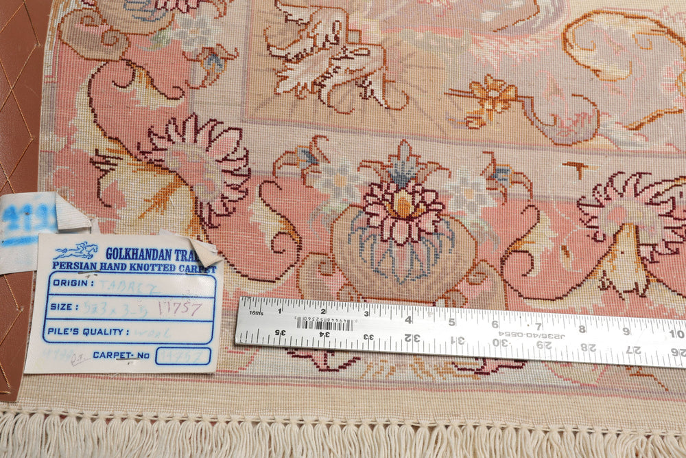 3x5 Ivory, Rose, Taupe Color Hand Knotted Tabriz Wool & Silk Traditional Oriental Rug