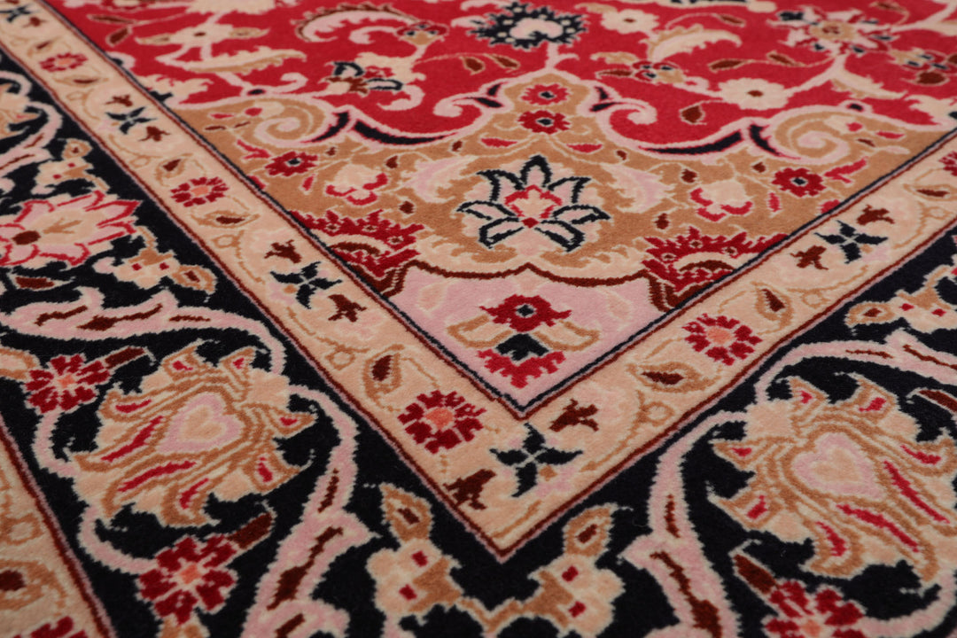 3x5 Red, Black, Tan Color Hand Knotted Tabriz Wool & Silk Traditional Oriental Rug