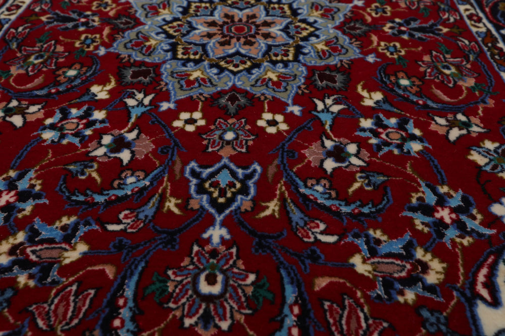 2x3 Red, Navy, Ivory Color Hand Knotted Isfahan Wool & Silk Traditional Oriental Rug