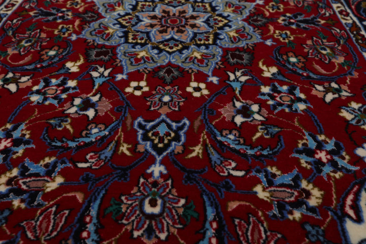 2x3 Red, Navy, Ivory Color Hand Knotted Isfahan Wool & Silk Traditional Oriental Rug