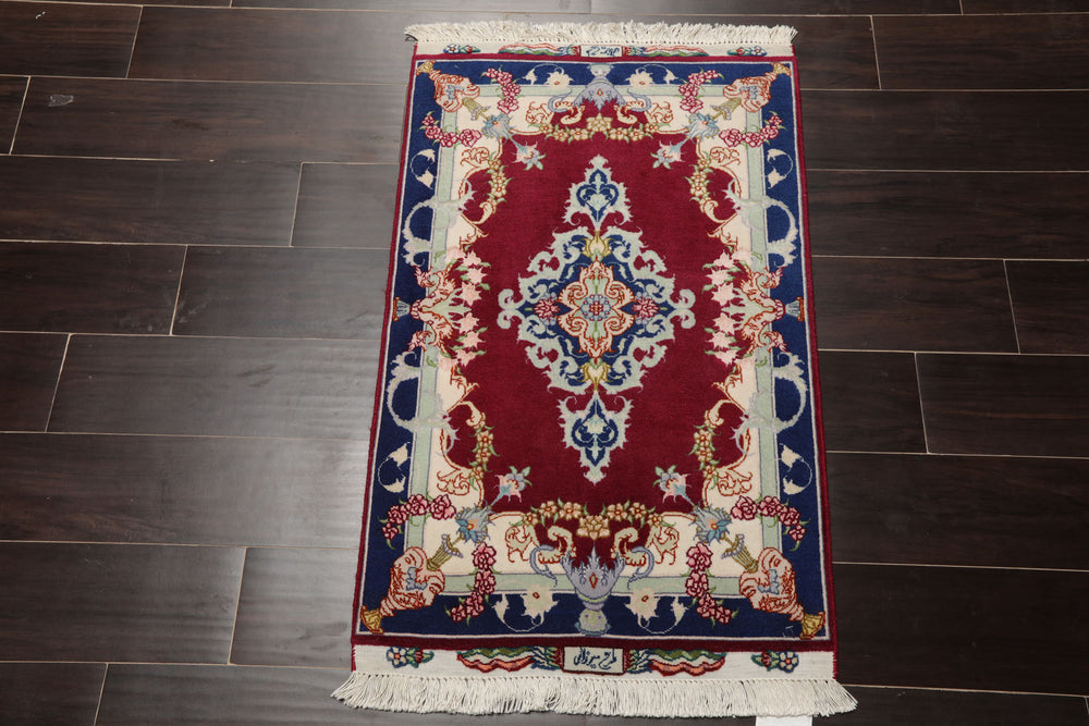 2x3 Mauve, Navy, Ivory Color Hand Knotted Tabriz Wool & Silk Traditional Oriental Rug