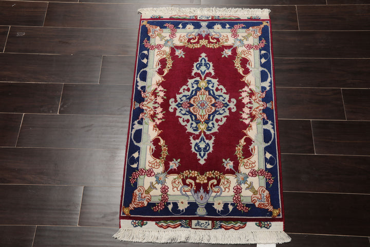 2x3 Mauve, Navy, Ivory Color Hand Knotted Tabriz Wool & Silk Traditional Oriental Rug