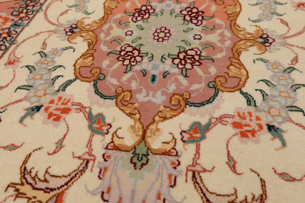 2x4 Ivory, Peach, Gold Color Hand Knotted Tabriz Wool & Silk Traditional Oriental Rug