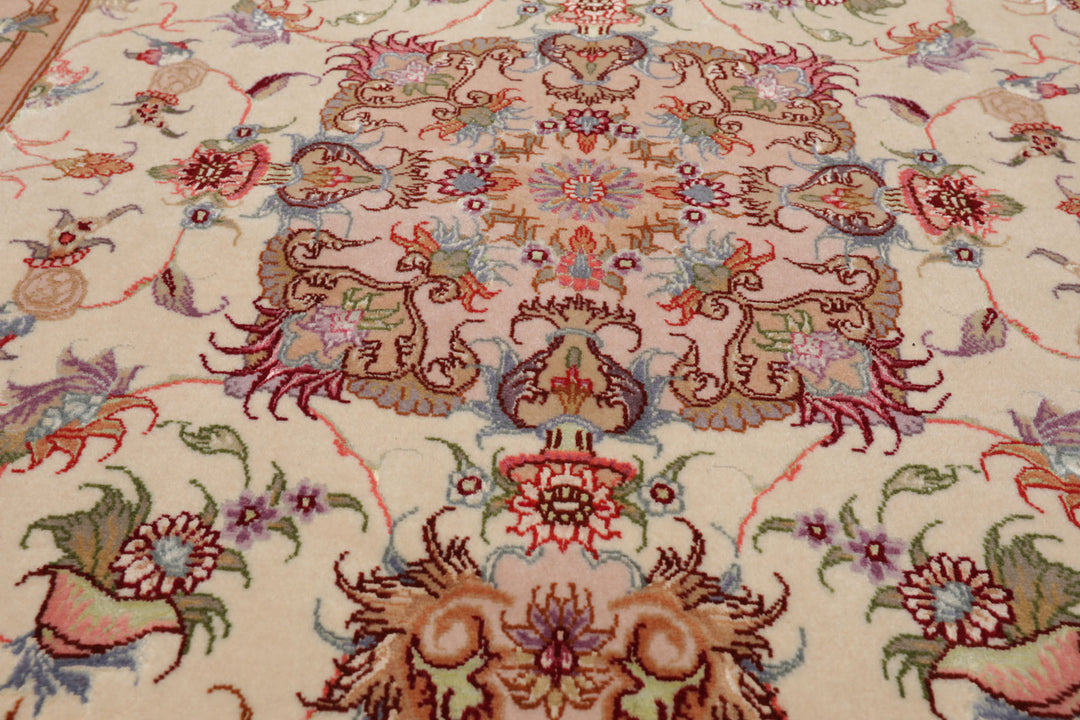 3x5 Ivory, Peach, Aubergine Color Hand Knotted Tabriz Wool & Silk Traditional Oriental Rug