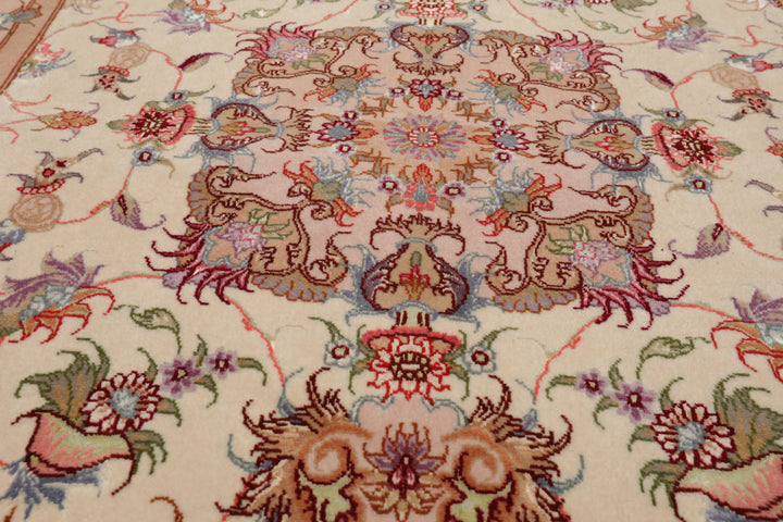 3x5 Ivory, Peach, Aubergine Color Hand Knotted Tabriz Wool & Silk Traditional Oriental Rug