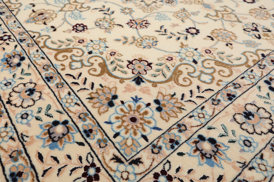 3x5 Ivory, Blue, Peach Color Hand Knotted Nain Wool & Silk Traditional Oriental Rug