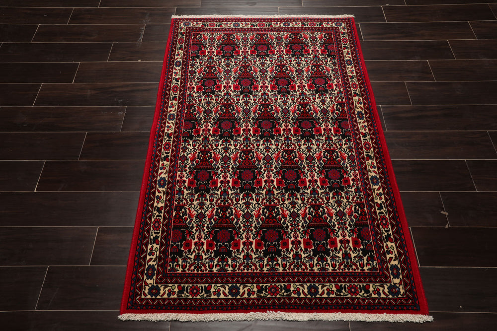 3x5 Ivory, Red, Black Color Hand Knotted Abadeh Wool Traditional Oriental Rug