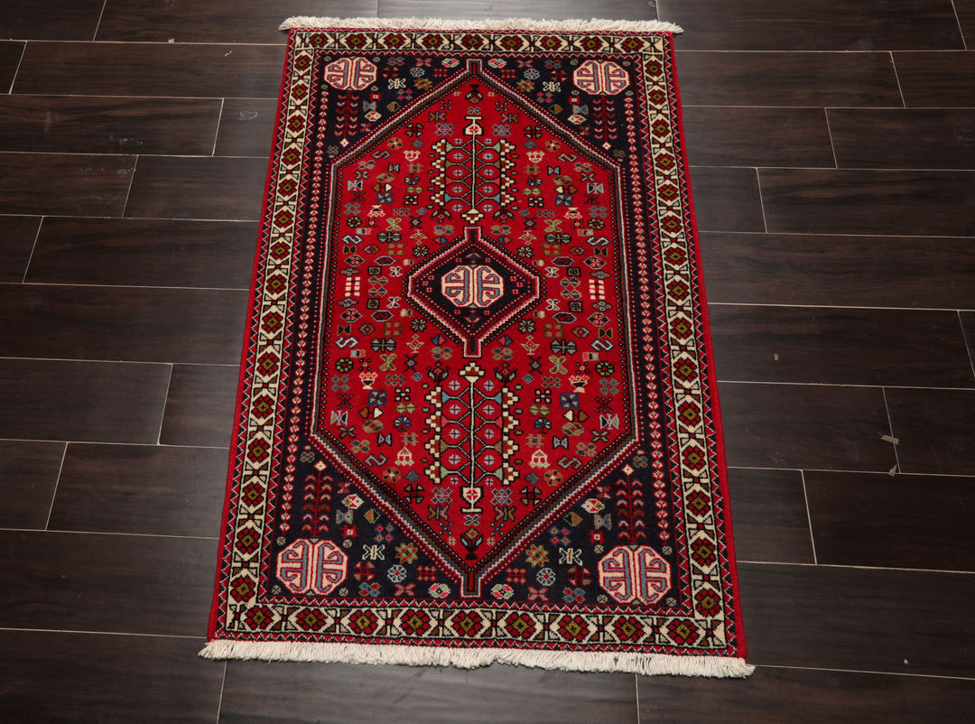 3x5 Red, Navy, Ivory Color Hand Knotted Abadeh Wool Traditional Oriental Rug