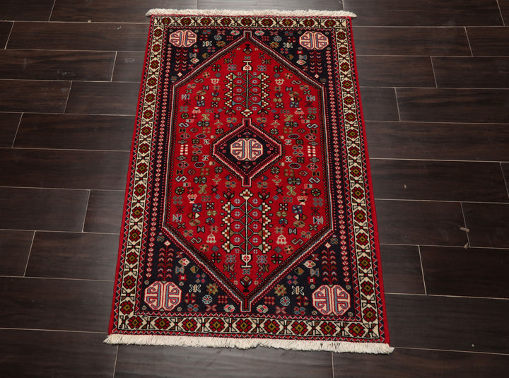 3x5 Red, Navy, Ivory Color Hand Knotted Abadeh Wool Traditional Oriental Rug