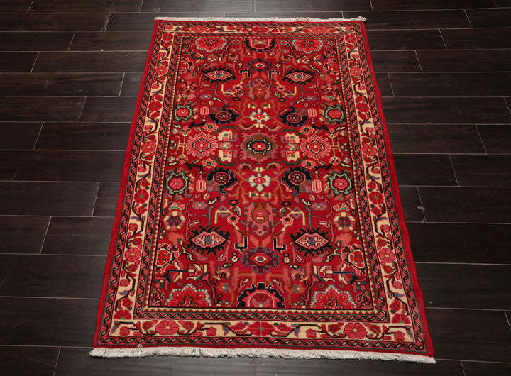 3x5 Red, Ivory, Green Color Hand Knotted Abadeh wool Traditional Oriental Rug