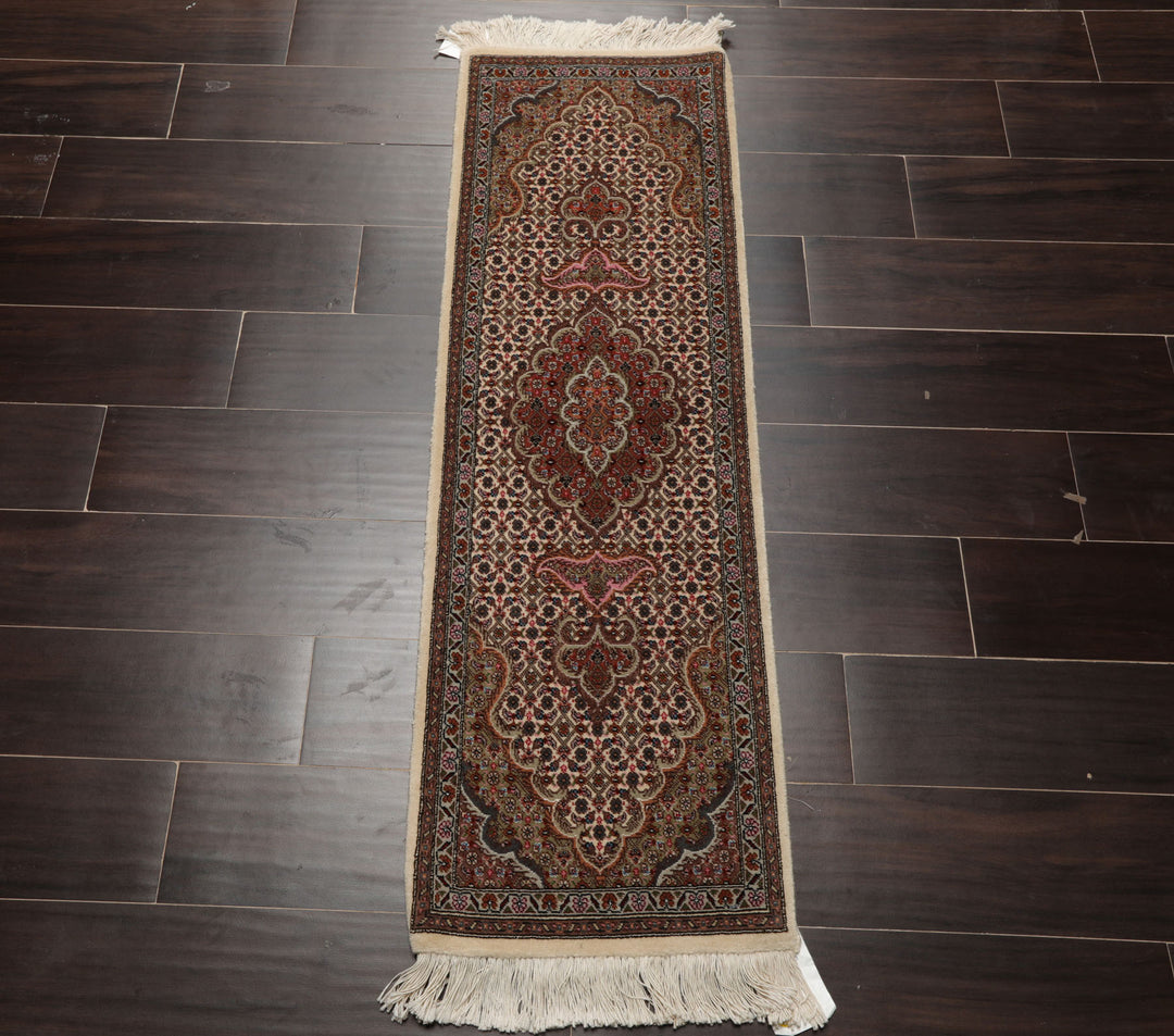 Runner Ivory, Brown, Pink Color Hand Knotted Tabriz Wool & Silk Traditional Oriental Rug
