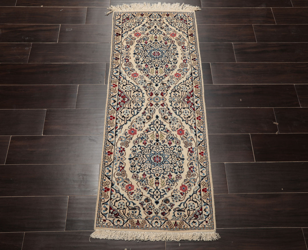 Runner Ivory, Blue, Maroon Color Hand Knotted Nain Wool & Silk Traditional Oriental Rug