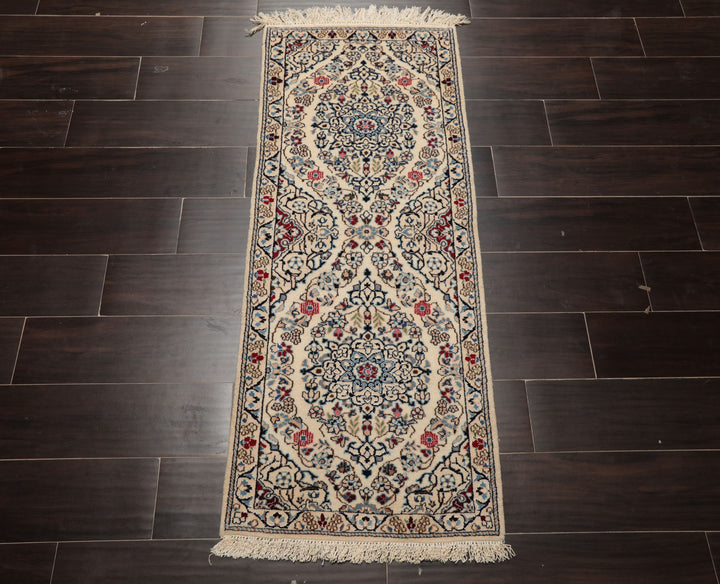 Runner Ivory, Blue, Maroon Color Hand Knotted Nain Wool & Silk Traditional Oriental Rug
