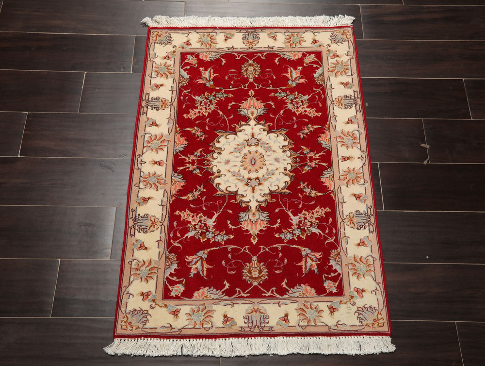2x3 Red, Ivory, Aqua Color Hand Knotted Tabriz Wool & Silk Traditional Oriental Rug