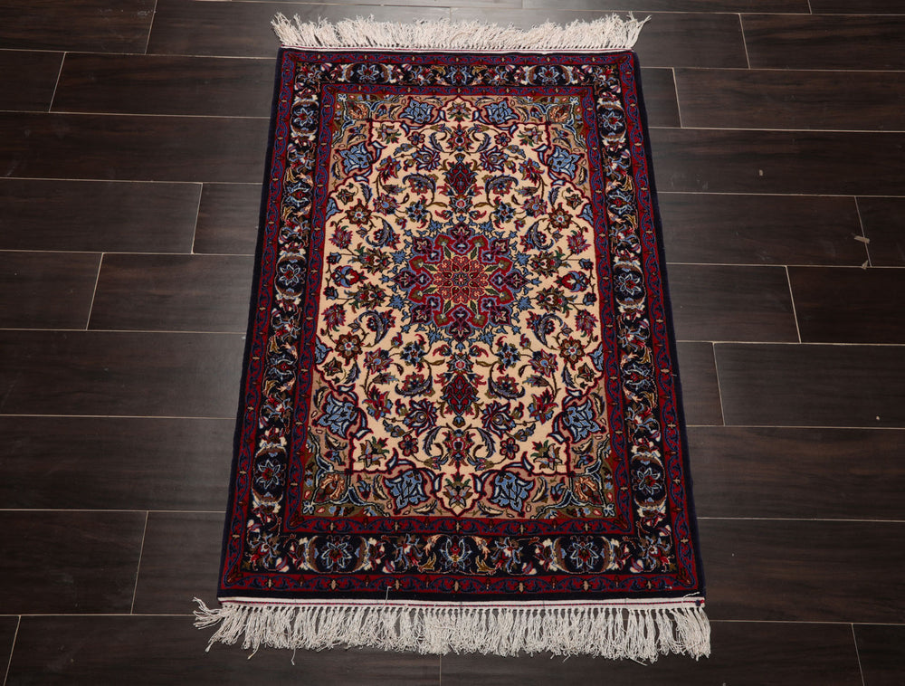 2x3 Beige, Navy, Red Color Hand Knotted Isfahan Wool & Silk Traditional Oriental Rug