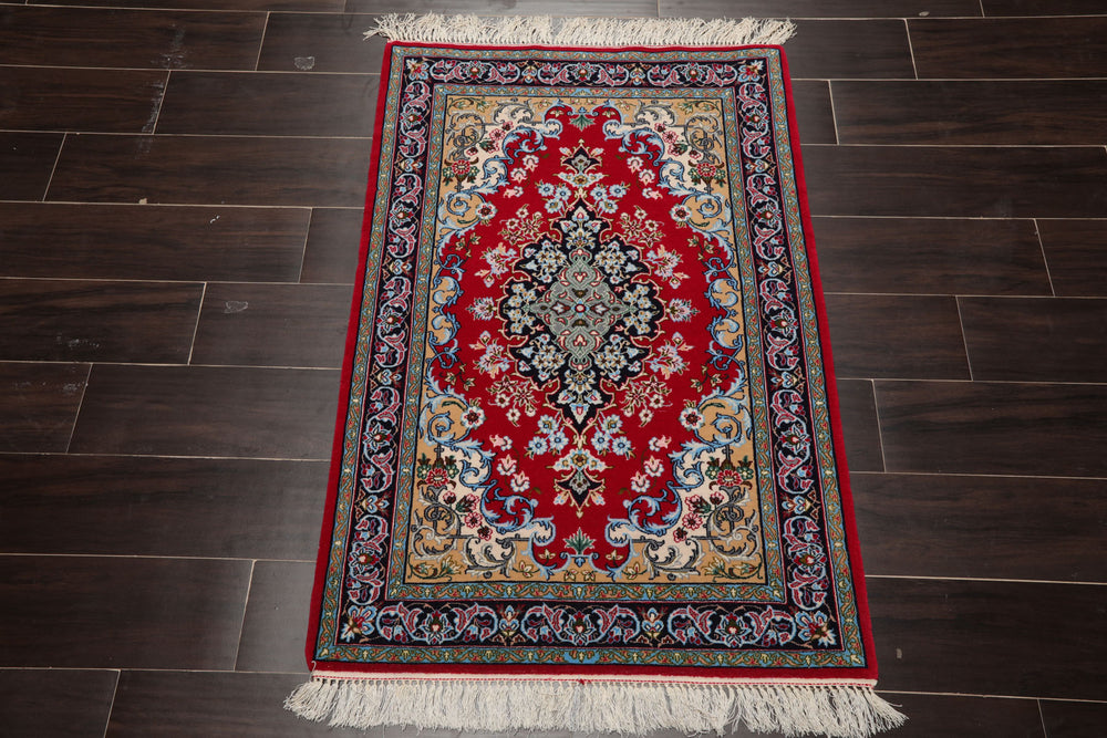 2x3 Red, Blue, Pistacchio Color Hand Knotted Isfahan Wool & Silk Traditional Oriental Rug