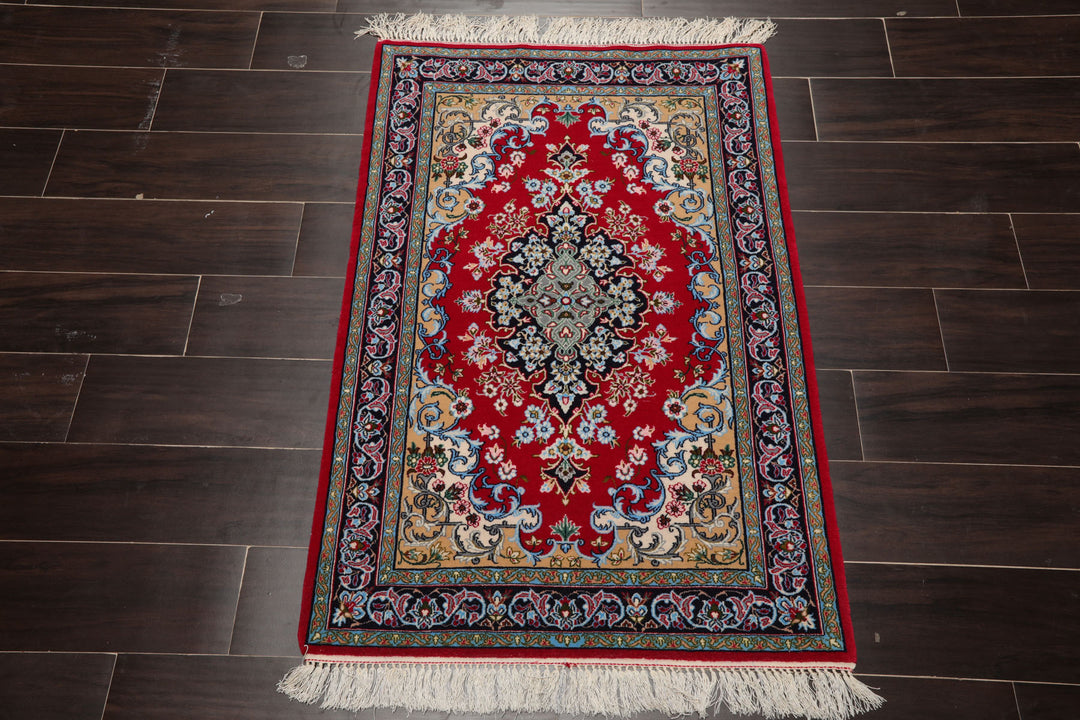 2x3 Red, Blue, Pistacchio Color Hand Knotted Isfahan Wool & Silk Traditional Oriental Rug