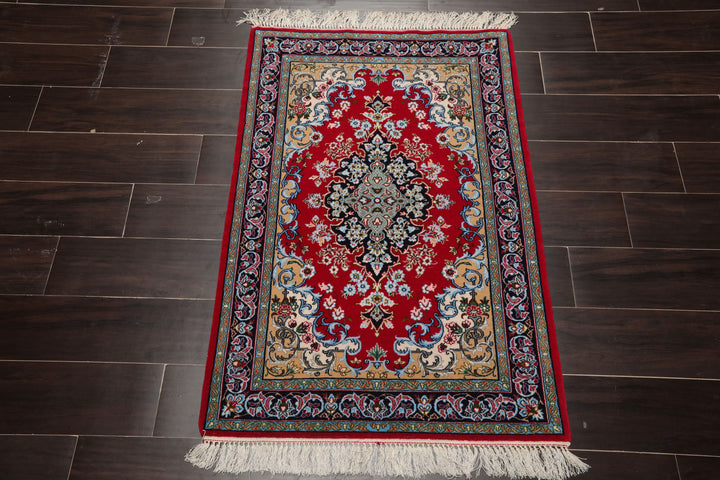 2x3 Red, Blue, Pistacchio Color Hand Knotted Isfahan Wool & Silk Traditional Oriental Rug