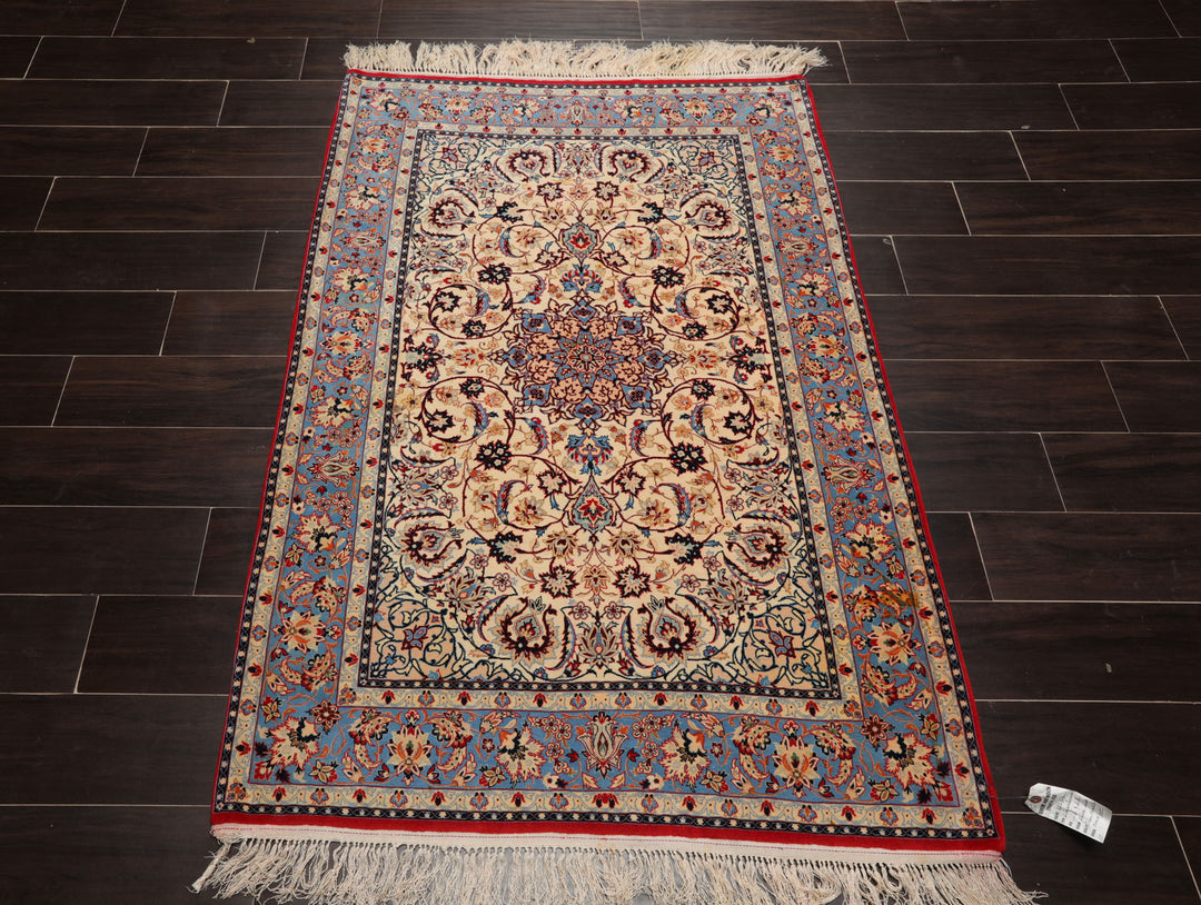 3x5 Ivory, Aqua, Blue Color Hand Knotted Isfahan Wool & Silk Traditional Oriental Rug