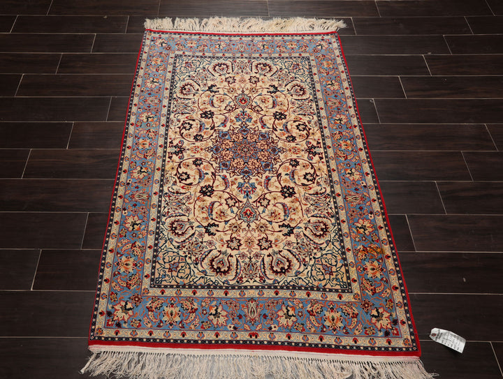 3x5 Ivory, Aqua, Blue Color Hand Knotted Isfahan Wool & Silk Traditional Oriental Rug
