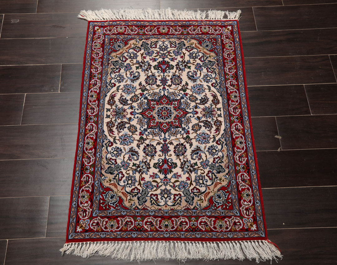 2x3 Ivory, Red, Blue Color Hand Knotted Isfahan Wool & Silk Traditional Oriental Rug