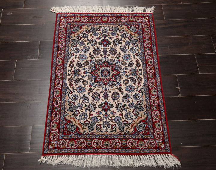 2x3 Ivory, Red, Blue Color Hand Knotted Isfahan Wool & Silk Traditional Oriental Rug