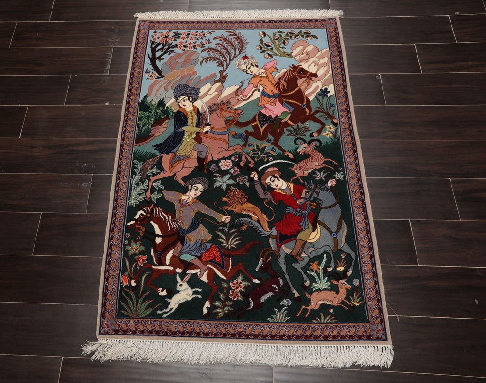 3x4 Green, Blue, Rose Color Hand Knotted Isfahan Wool & Silk Traditional Oriental Rug