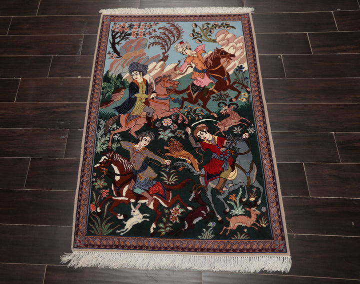 3x4 Green, Blue, Rose Color Hand Knotted Isfahan Wool & Silk Traditional Oriental Rug