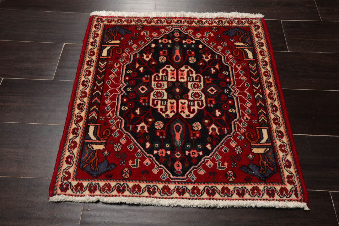 Square Navy, Ivory, Red Color Hand Knotted Abadeh Wool Traditional Oriental Rug