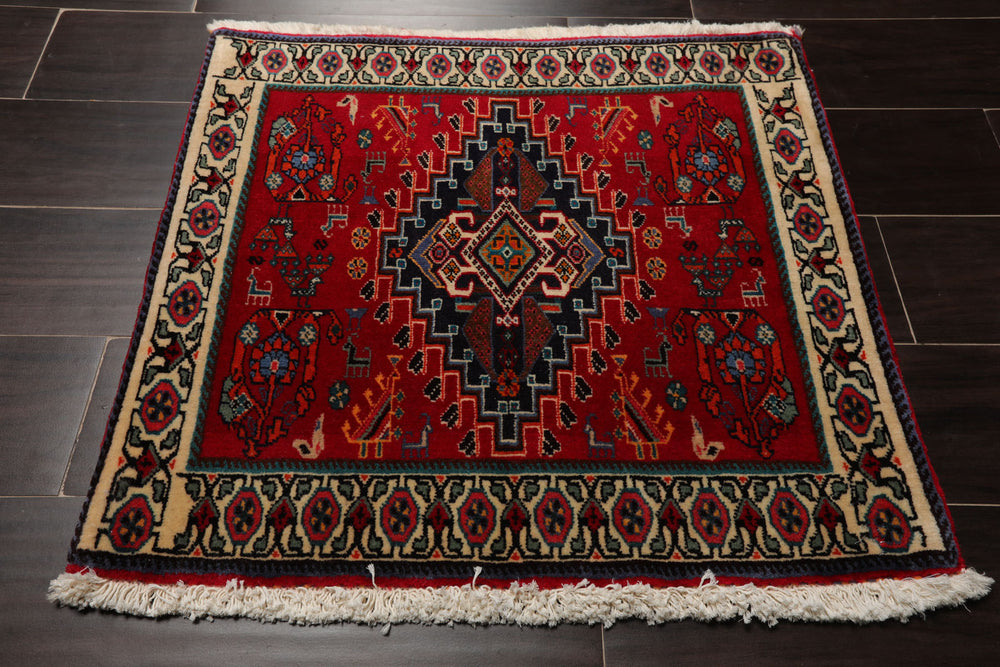 Square Red, Ivory, Navy Color Hand Knotted Abadeh Wool Traditional Oriental Rug