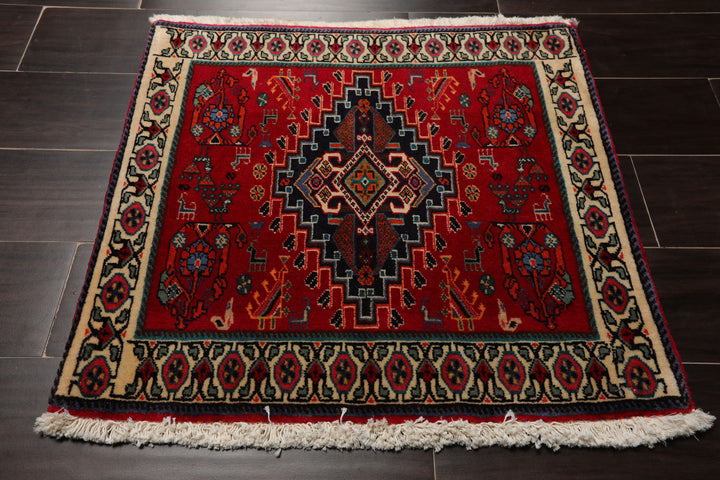 Square Red, Ivory, Navy Color Hand Knotted Abadeh Wool Traditional Oriental Rug