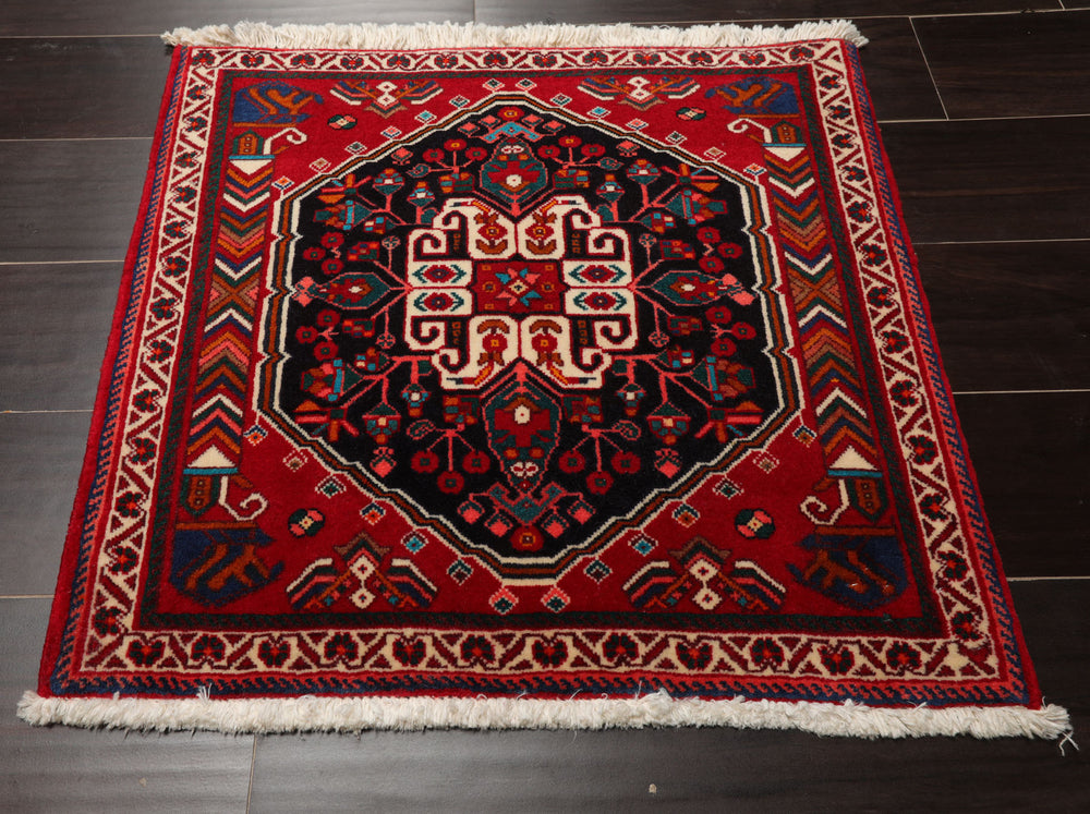 Square Black, red, Ivory Color Hand Knotted Abadeh Wool Traditional Oriental Rug