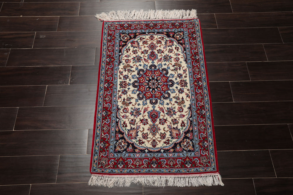 2x3 Ivory, Red, Blue Color Hand Knotted Isfahan Wool & Silk Traditional Oriental Rug