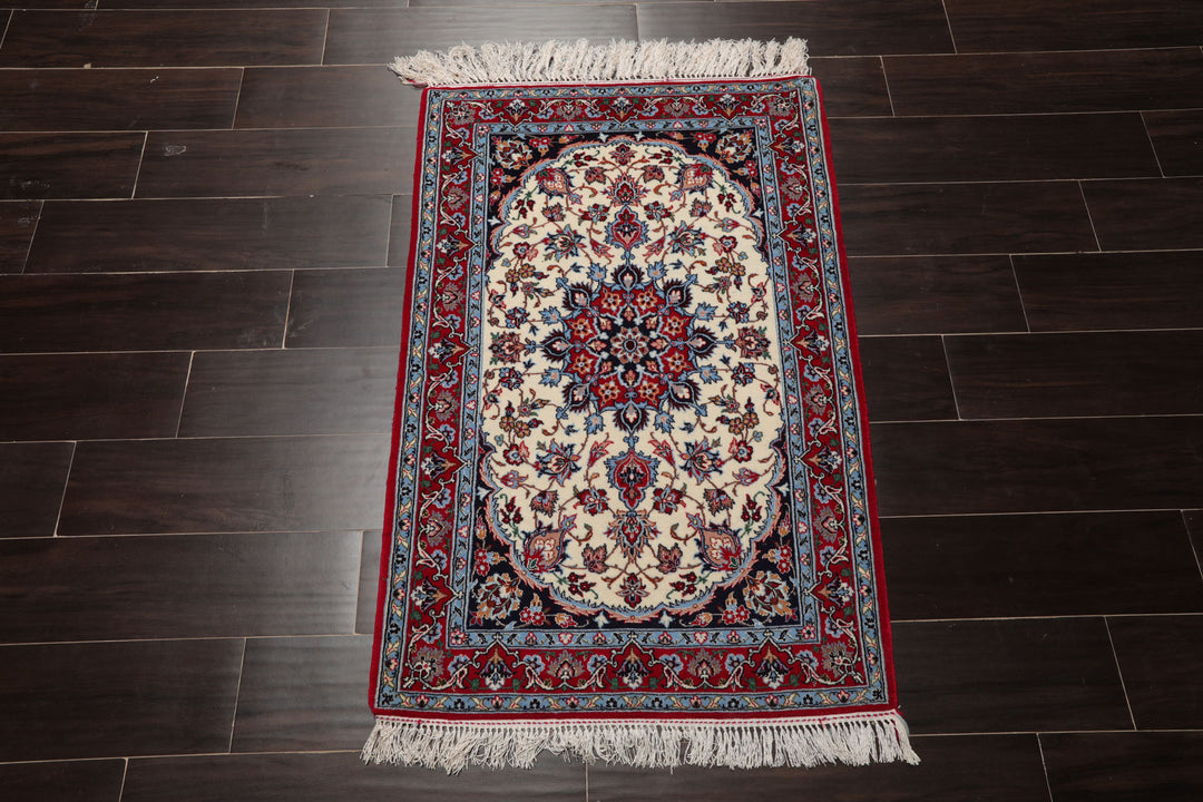 2x3 Ivory, Red, Blue Color Hand Knotted Isfahan Wool & Silk Traditional Oriental Rug