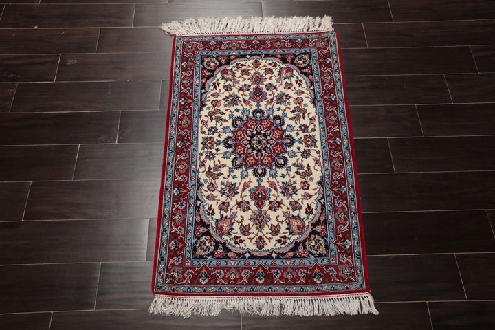 2x3 Ivory, Red, Blue Color Hand Knotted Isfahan Wool & Silk Traditional Oriental Rug