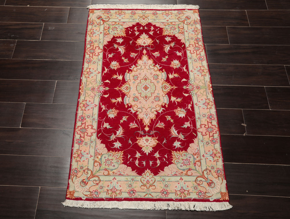 2x4 Fuschia, Rose, Ivory Color Hand Knotted Tabriz Wool & Silk Traditional Oriental Rug