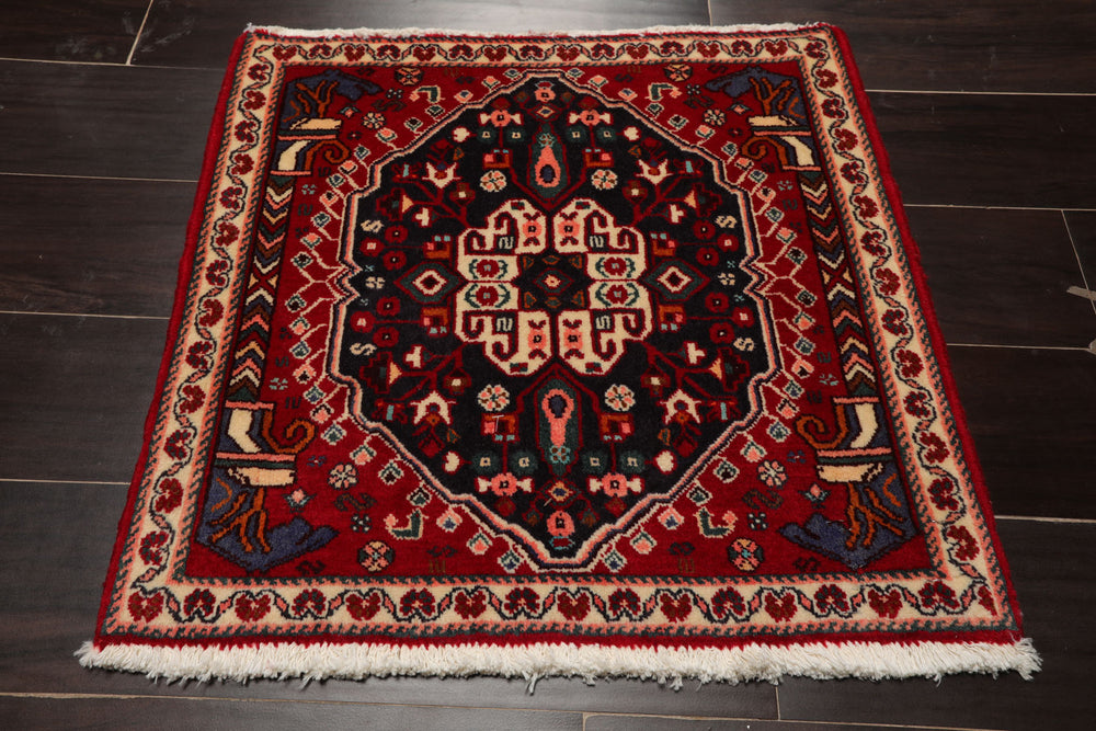 Square Red, Navy, Coal Color Hand Knotted Abadeh Wool Traditional Oriental Rug