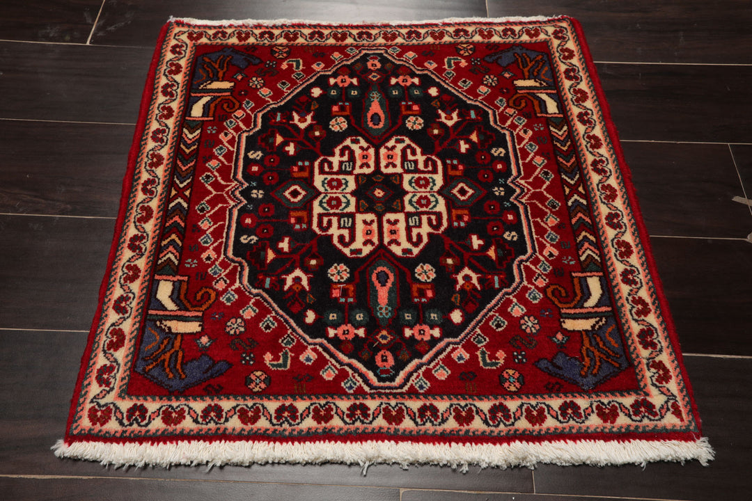Square Red, Navy, Coal Color Hand Knotted Abadeh Wool Traditional Oriental Rug