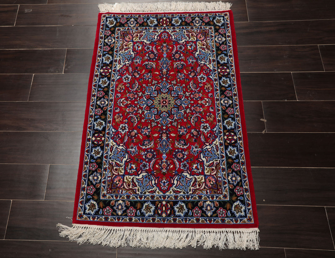 2x3 Red, Navy, Green Color Hand Knotted Isfahan Wool & Silk Traditional Oriental Rug