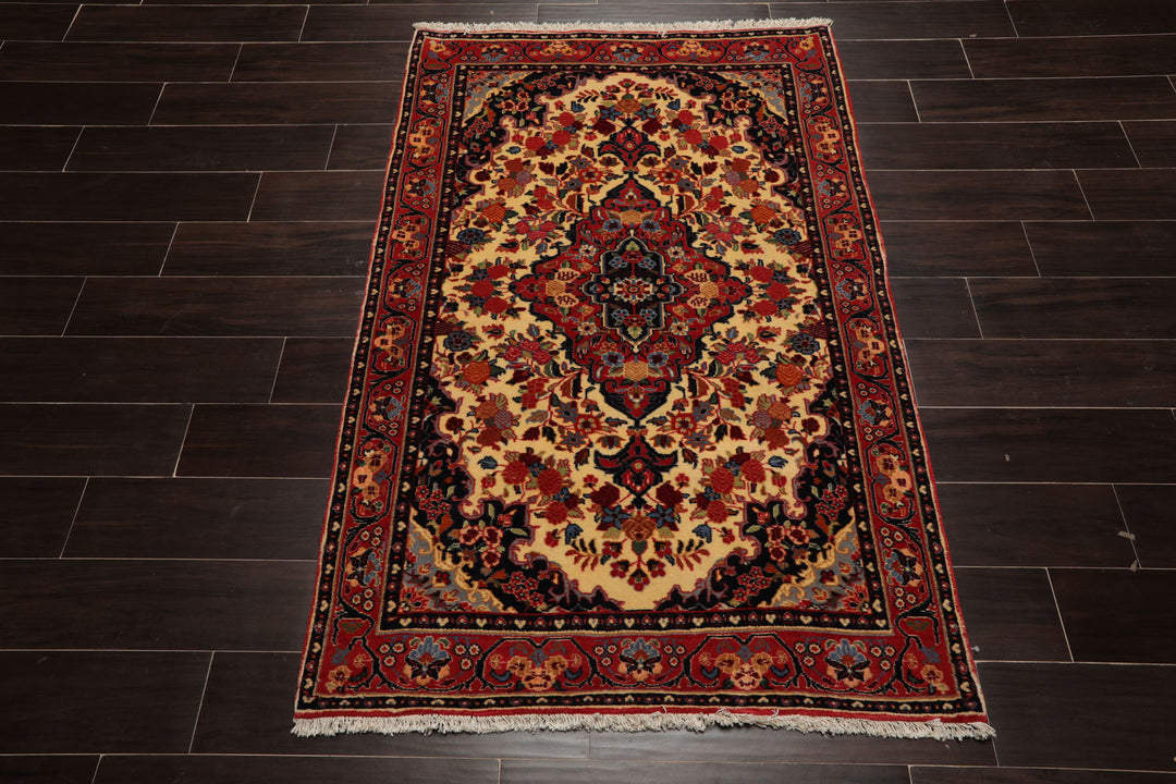 3x5 Ivory, Rust, Navy Color Hand Knotted Sarouk Wool Traditional Oriental Rug