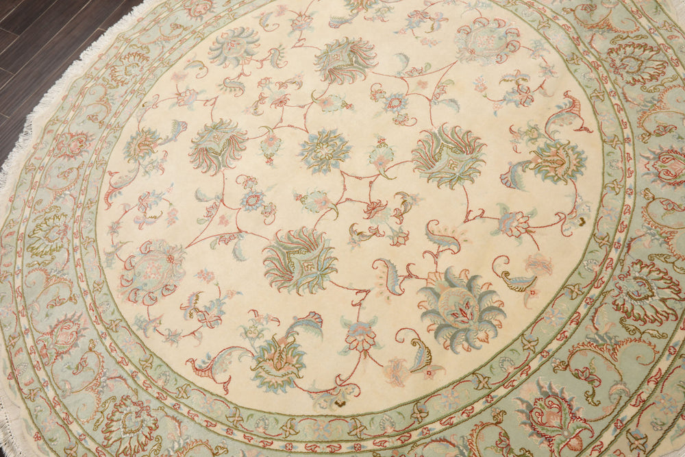 Round Ivory, Mint, Aqua Color Hand Knotted Tabriz Round Wool & Silk Traditional Oriental Rug