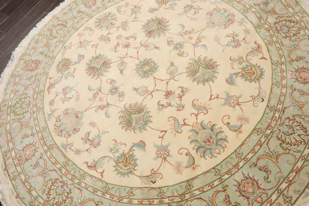 Round Ivory, Mint, Aqua Color Hand Knotted Tabriz Round Wool & Silk Traditional Oriental Rug