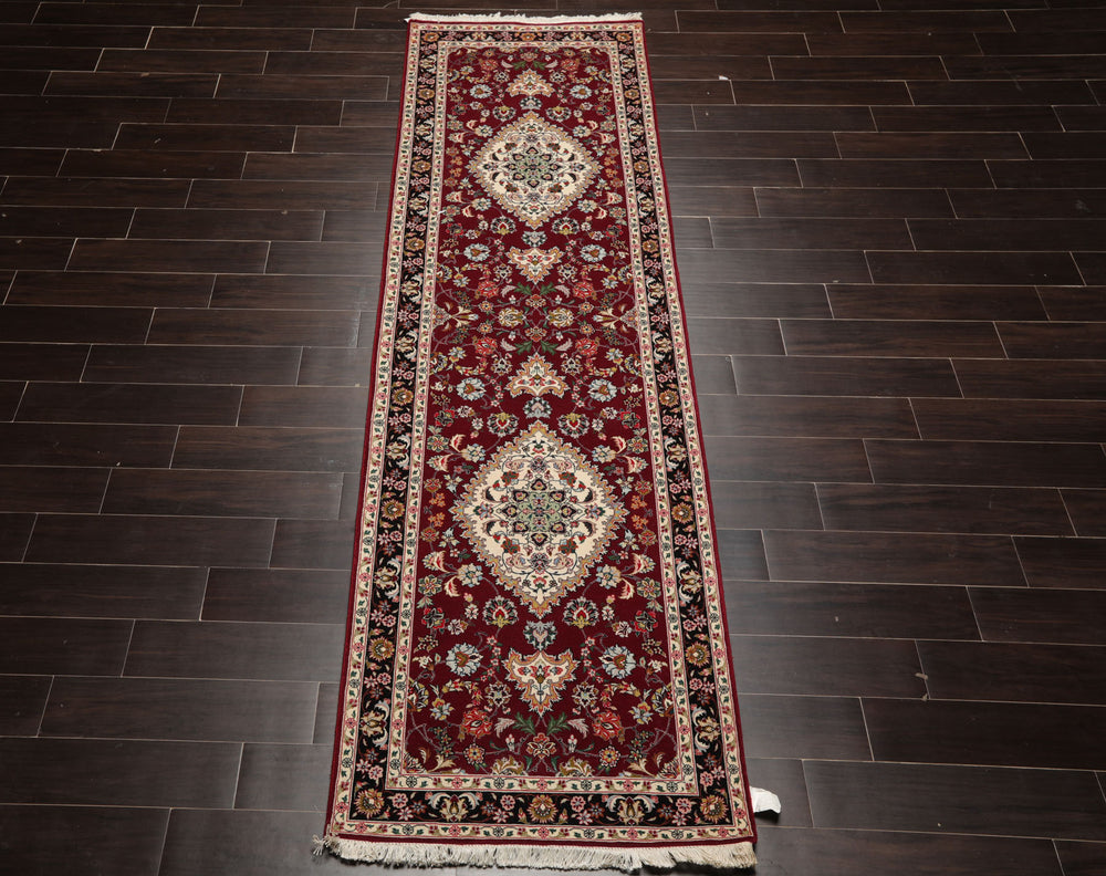 Runner Maroon, Black, Ivory Color Hand Knotted Tabriz Wool & Silk Traditional Oriental Rug