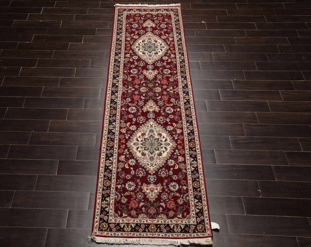 Runner Maroon, Black, Ivory Color Hand Knotted Tabriz Wool & Silk Traditional Oriental Rug