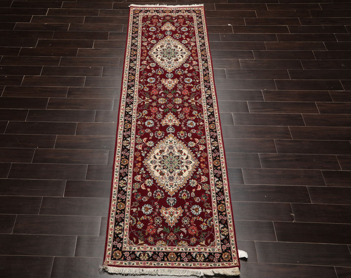 Runner Maroon, Black, Ivory Color Hand Knotted Tabriz Wool & Silk Traditional Oriental Rug
