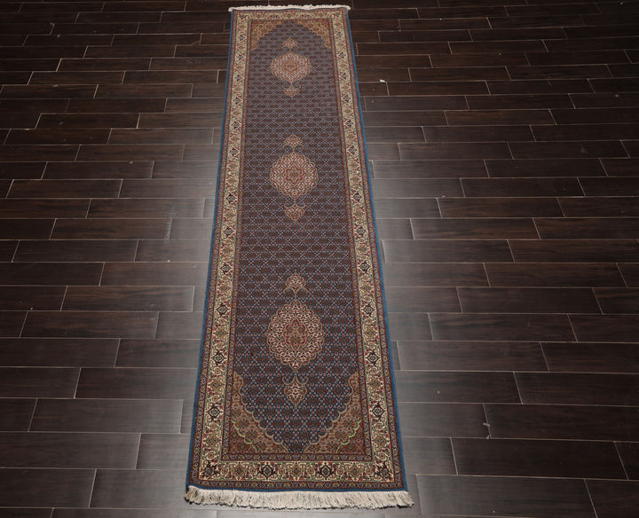 Runner Blue, Ivory, Brown Color Hand Knotted Tabriz Wool & Silk Traditional Oriental Rug
