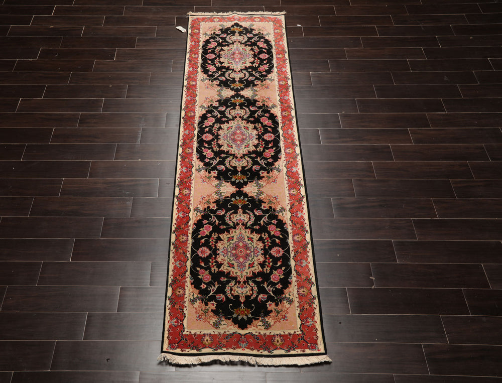 Runner Black, Peach, Coral Color Hand Knotted Tabriz Wool & Silk Traditional Oriental Rug
