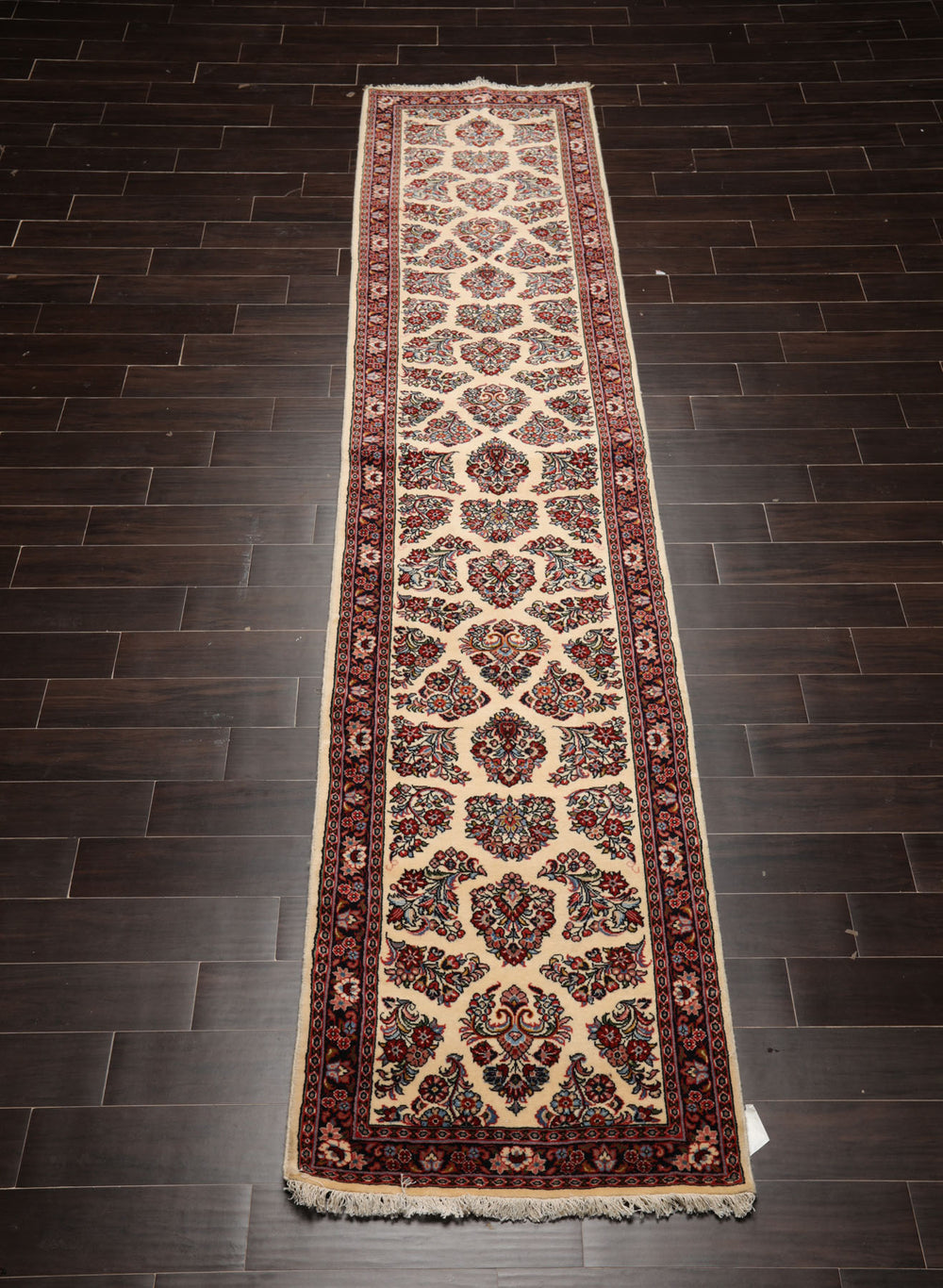Runner Ivory, Black, Rust Color Hand Knotted Sarouk Wool Traditional Oriental Rug