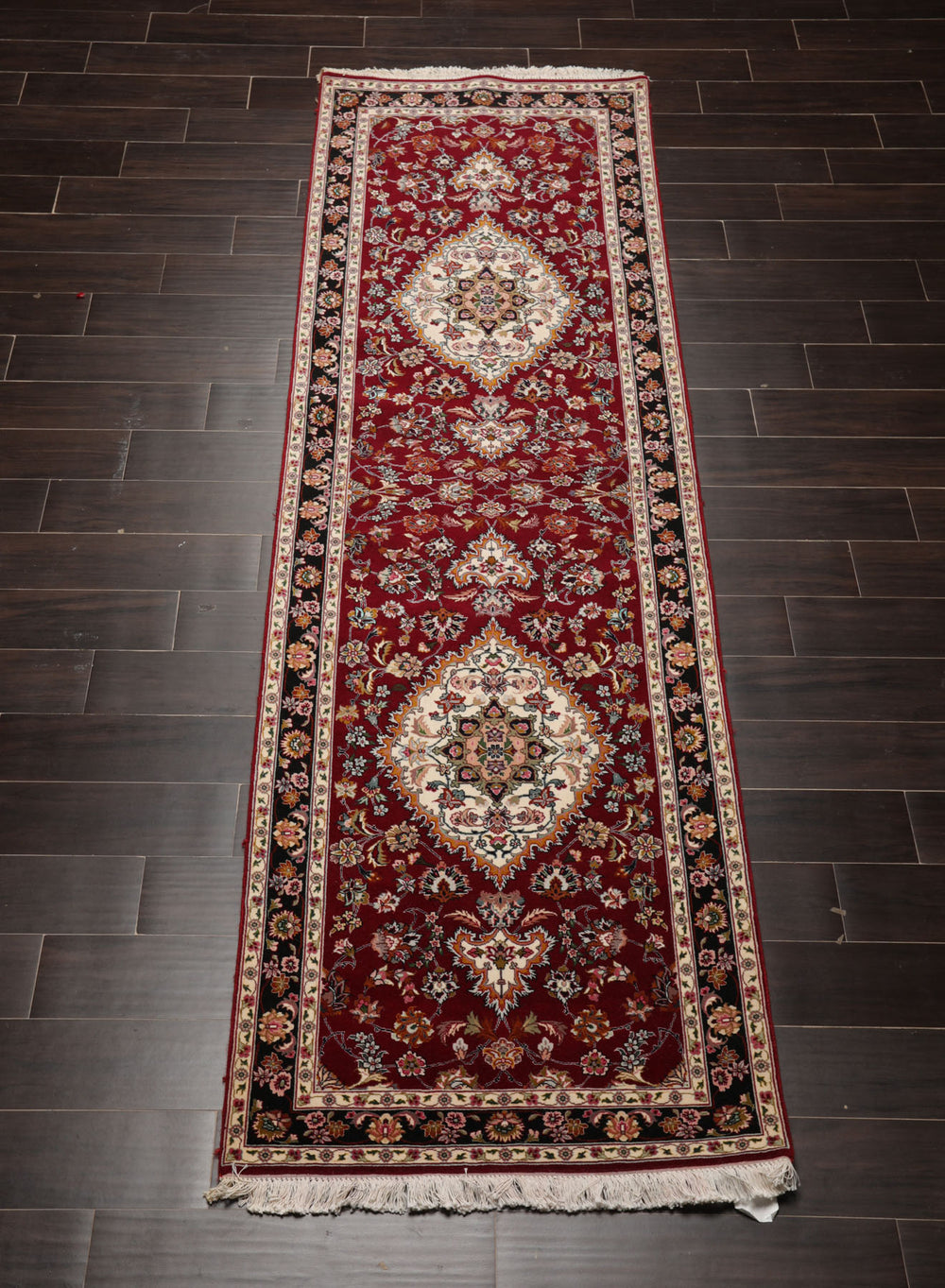 Runner Burgundy, Black, Ivory Color Hand Knotted Tabriz Wool & Silk Traditional Oriental Rug