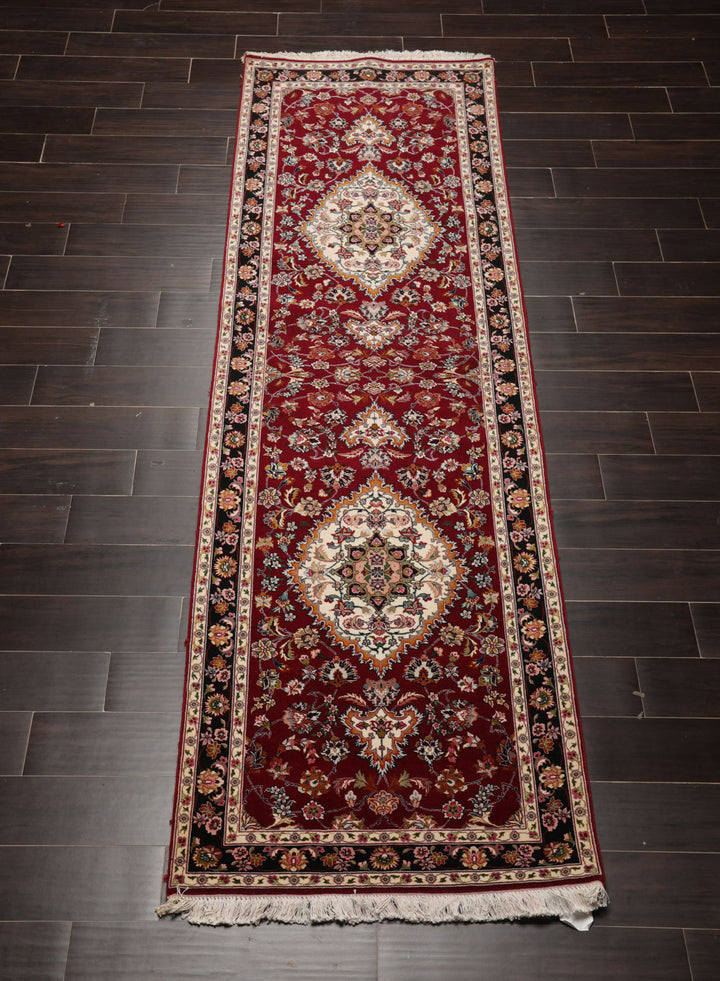 Runner Burgundy, Black, Ivory Color Hand Knotted Tabriz Wool & Silk Traditional Oriental Rug